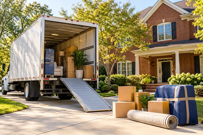 Unbranded moving vehicle and protected belongings outside a Murfreesboro red-brick family home